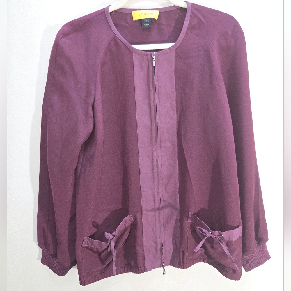 St. John 100% Silk [Small Petite] Classy Luxury Bow Pocket Bomber Blouse Cardi